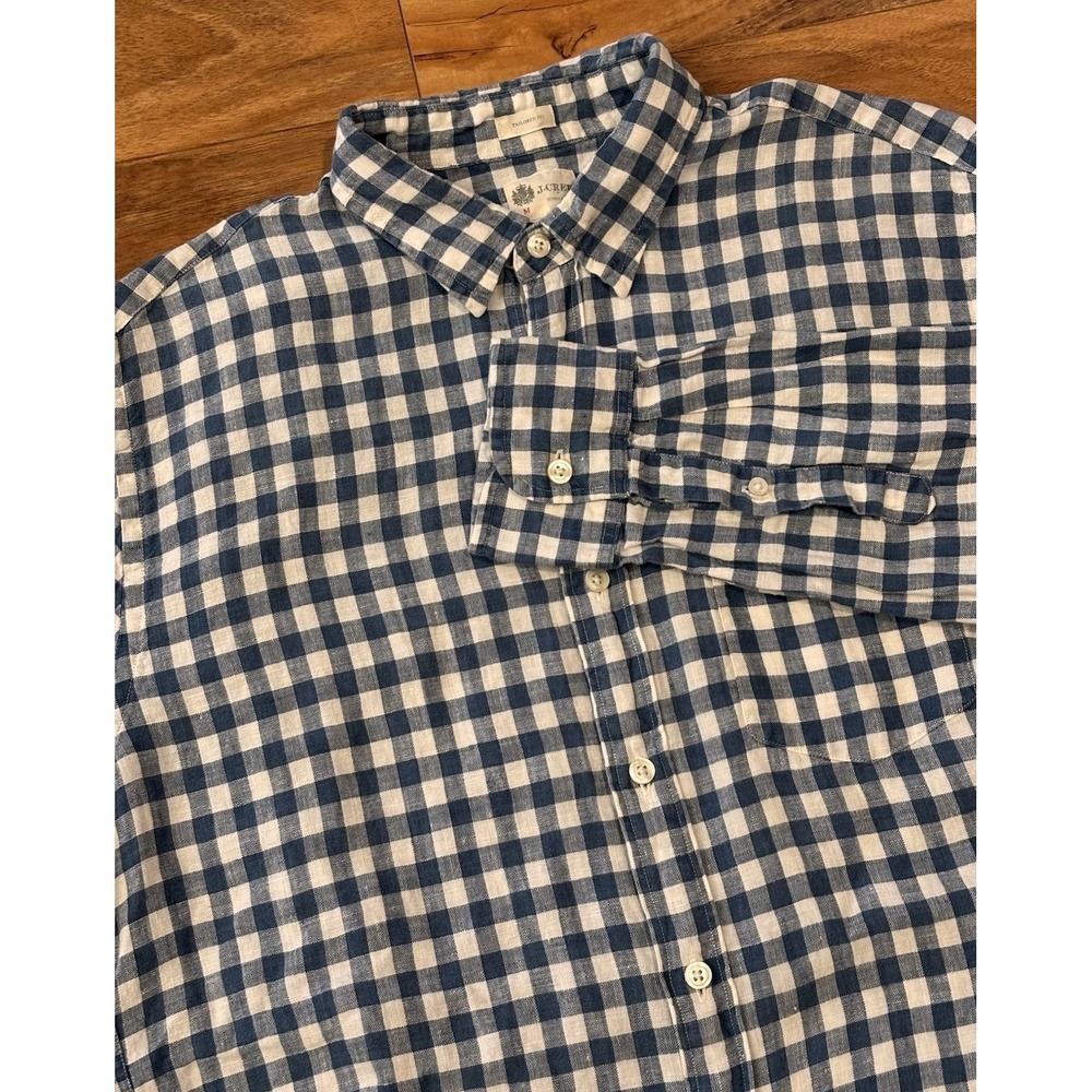 J Crew Mens M Blue White Gingham Linen Button Up Long Sleeve Shirt Tailored Fit